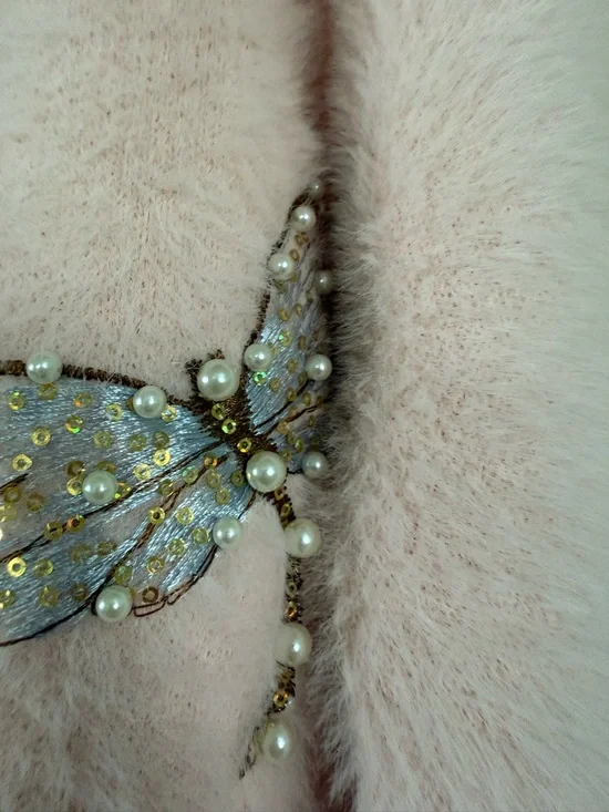 Hand Embroidered Sequin Pink Embellished Butterfly Fuzzy Cardigan Sweater NWOT - Picture 7 of 16